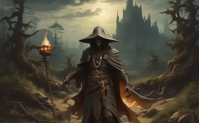 Quicksand Enchanter - a robed sorcerer stalking a blighted swamp