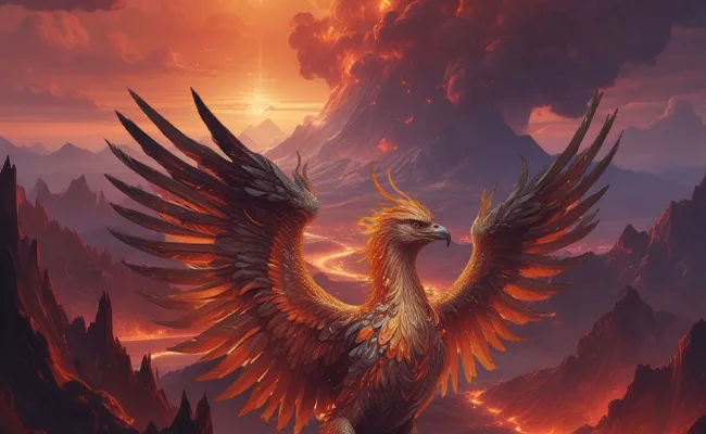 Skyfire Herald - a blazing phoenix soaring over volcanic peaks
