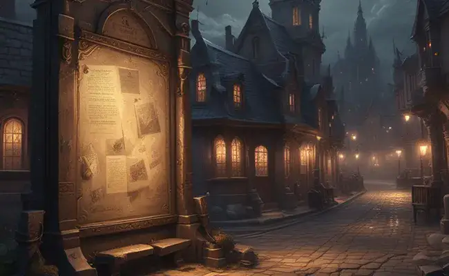 A dimly lit town noticeboard covered in quest scrolls and bounty papers