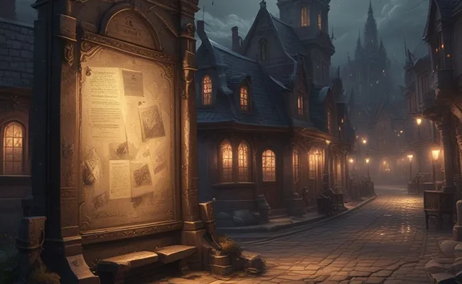 A dimly lit town noticeboard covered in quest scrolls and bounty papers