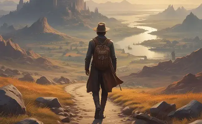 A traveler standing at the threshold of an unknown world